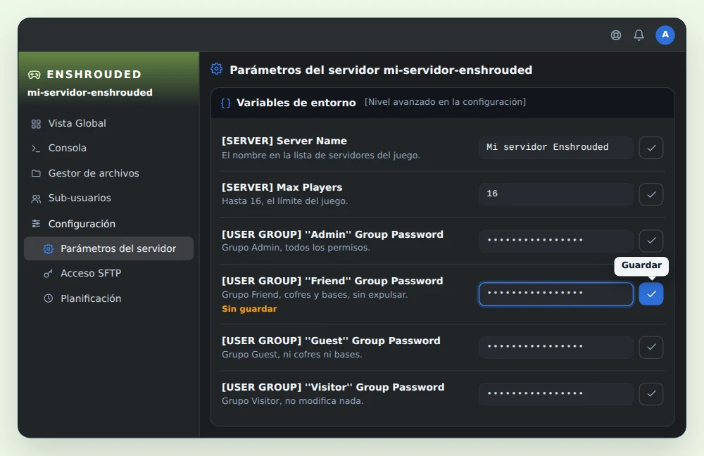 Tarjeta Variables de entorno de un servidor Enshrouded en OuiPanel, con [SERVER] Server Name en Mi servidor Enshrouded, [SERVER] Max Players en 16 y las contraseñas ocultas de los grupos Admin, Friend, Guest y Visitor, la de Friend en plena modificación