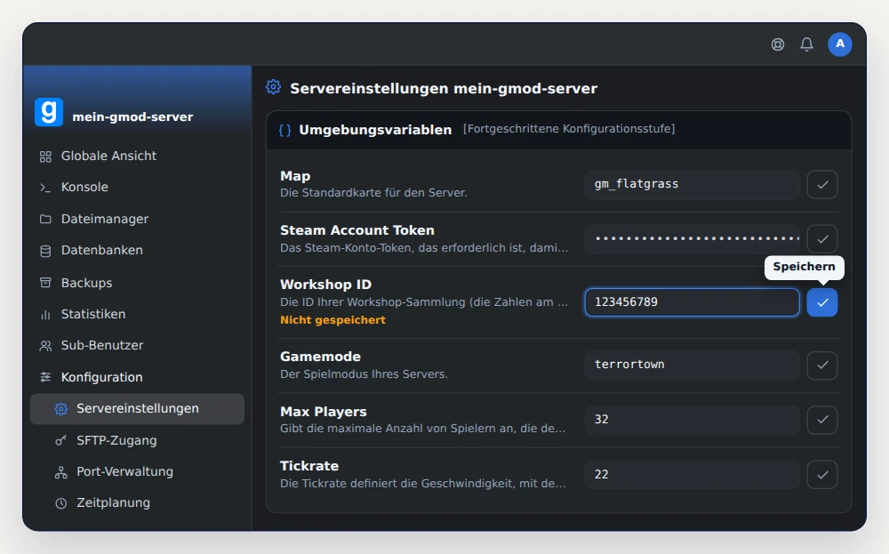 Karte Umgebungsvariablen eines GMod-Servers in OuiPanel, mit Workshop ID 123456789, Gamemode terrortown und Map gm_flatgrass
