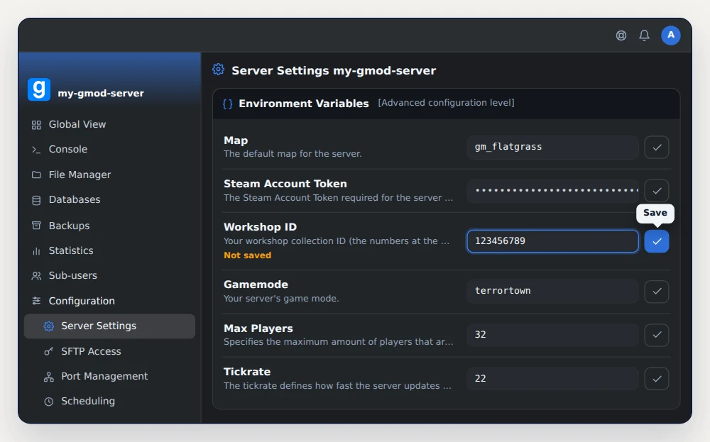 Environment Variables card of a GMod server in OuiPanel, with Workshop ID 123456789, Gamemode terrortown and Map gm_flatgrass