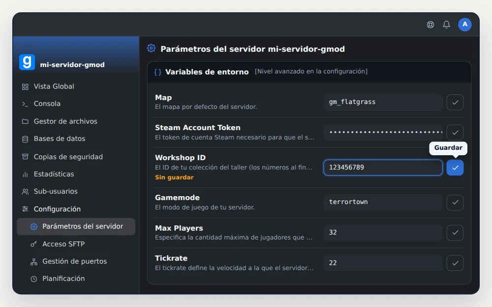 Tarjeta Variables de entorno de un servidor GMod en OuiPanel, con Workshop ID 123456789, Gamemode terrortown y Map gm_flatgrass