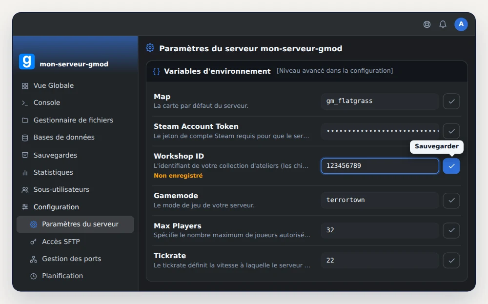 Carte Variables d'environnement d'un serveur GMod dans OuiPanel, avec Workshop ID 123456789, Gamemode terrortown et Map gm_flatgrass