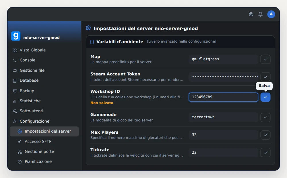 Scheda Variabili d'ambiente di un server GMod in OuiPanel, con Workshop ID 123456789, Gamemode terrortown e Map gm_flatgrass