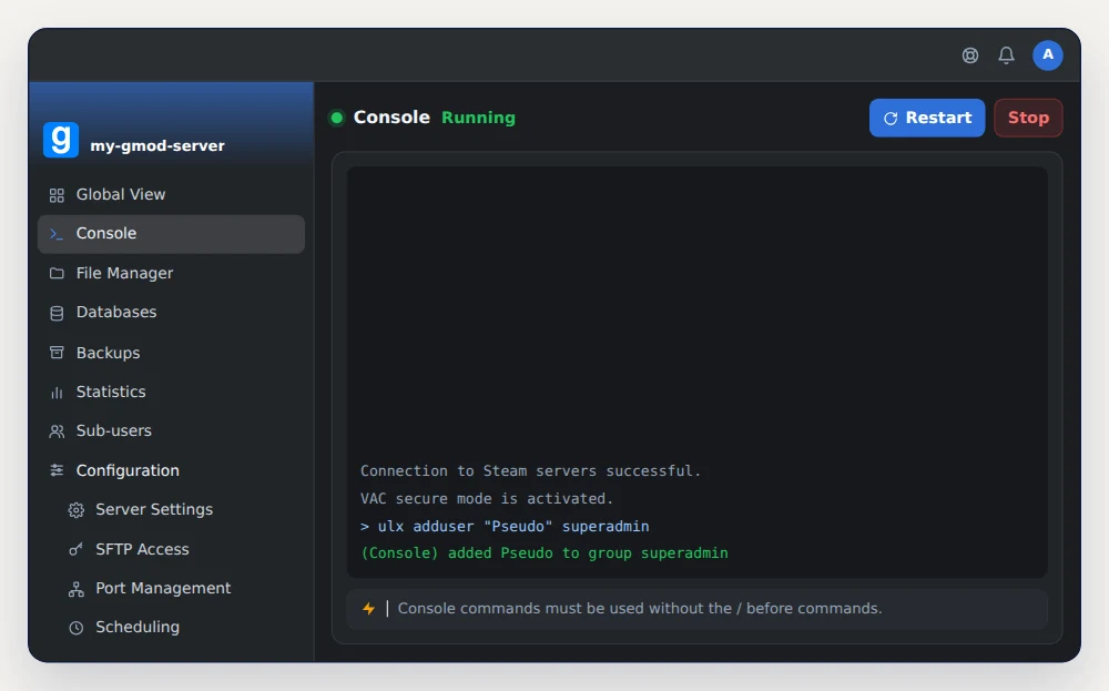 OuiPanel console of a GMod server with the ulx adduser command and its reply added Pseudo to group superadmin