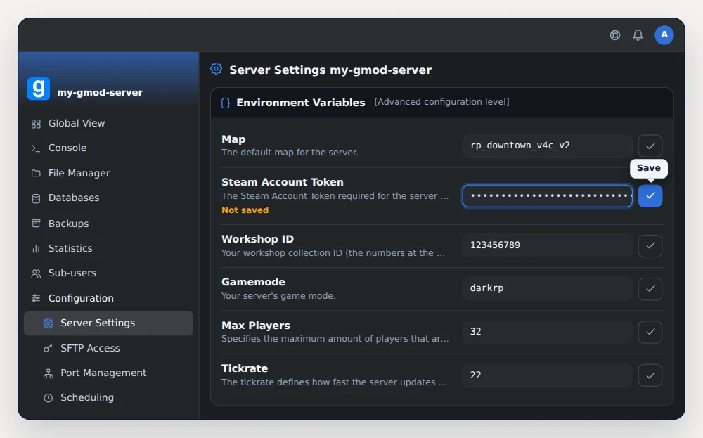 Environment Variables card of a GMod server in OuiPanel, with the token pasted into Steam Account Token and the Save button