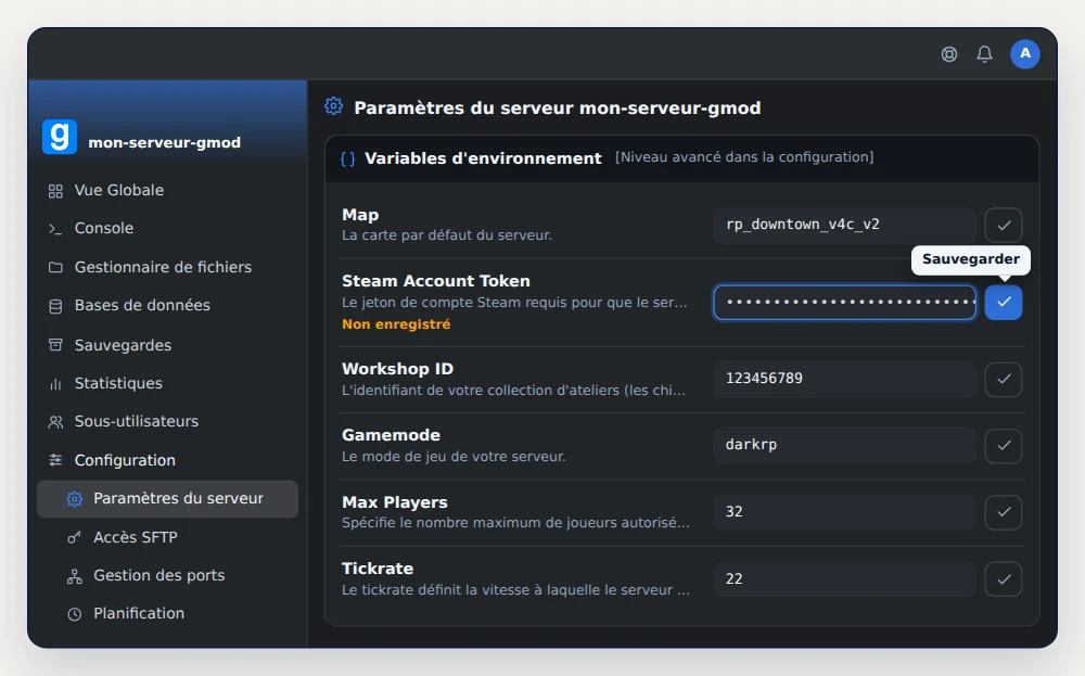 Carte Variables d'environnement d'un serveur GMod dans OuiPanel, avec le jeton collé dans Steam Account Token et le bouton Sauvegarder