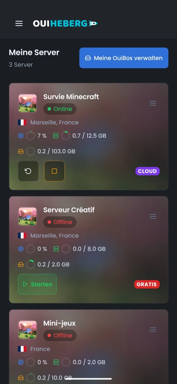 Screenshot der OuiPanel-App, Alle Ihre Server