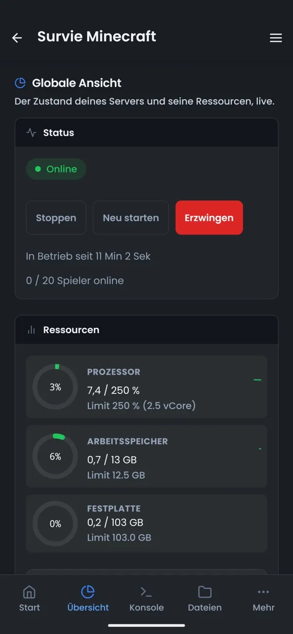 Screenshot der OuiPanel-App, Status und Ressourcen