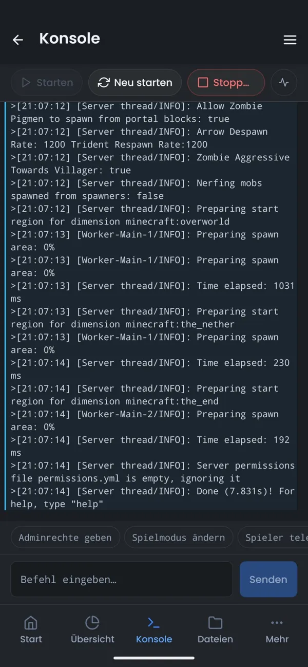 Screenshot der OuiPanel-App, Live-Konsole