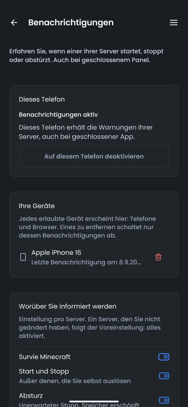 Screenshot der OuiPanel-App, Benachrichtigungen