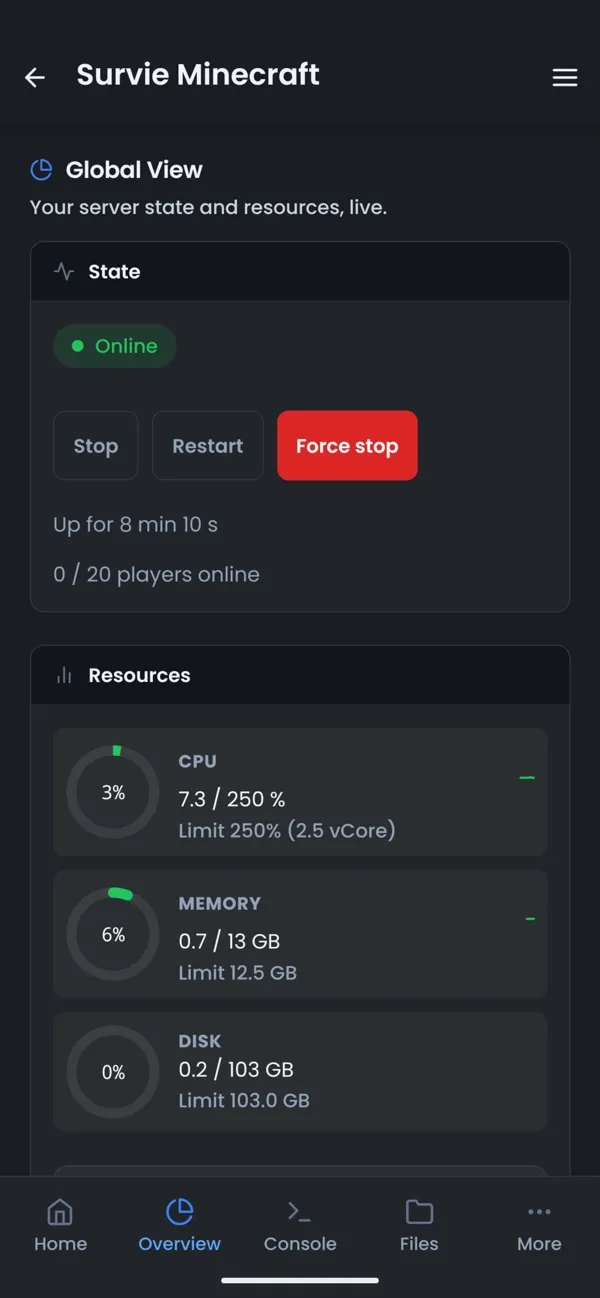 Screenshot of the OuiPanel app, Status and resources