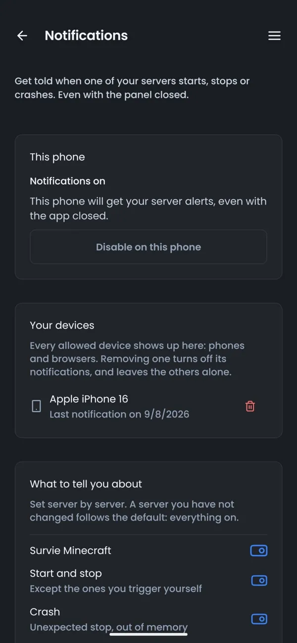Screenshot of the OuiPanel app, Notifications
