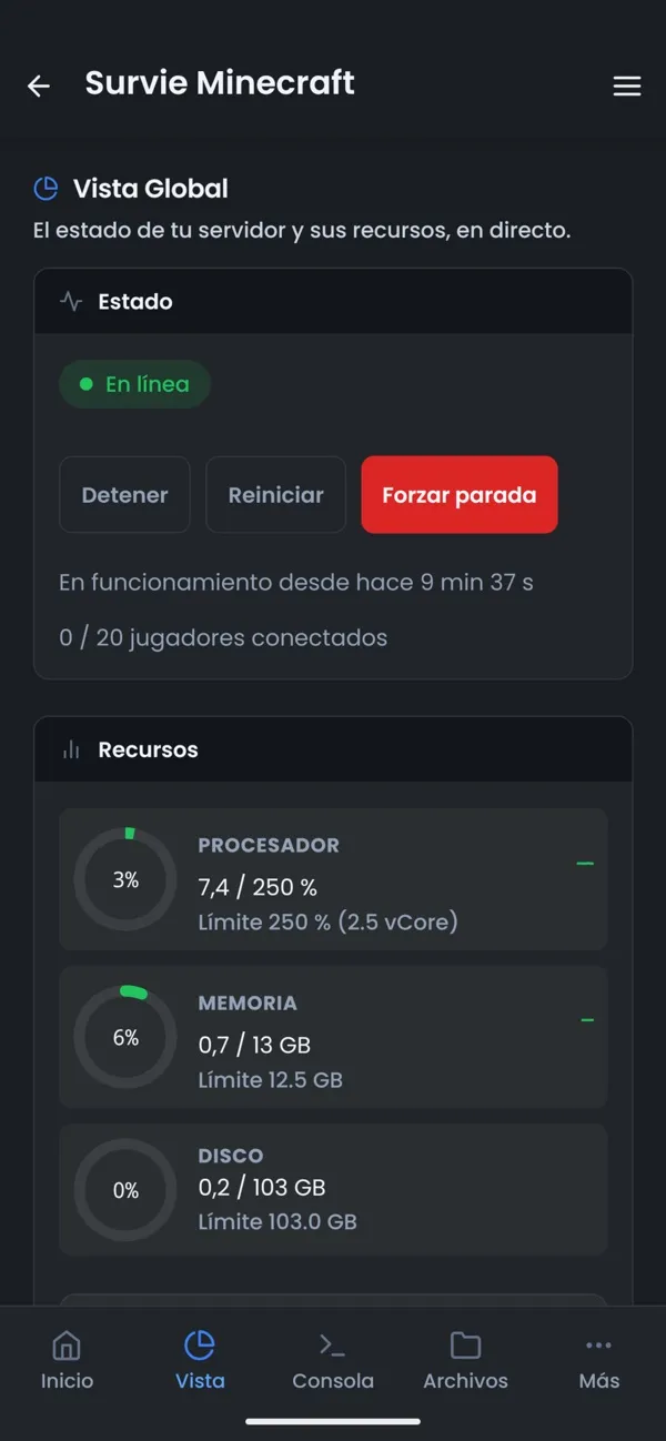 Captura de pantalla de la aplicación OuiPanel, Estado y recursos