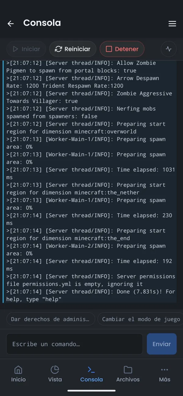 Captura de pantalla de la aplicación OuiPanel, Consola en directo