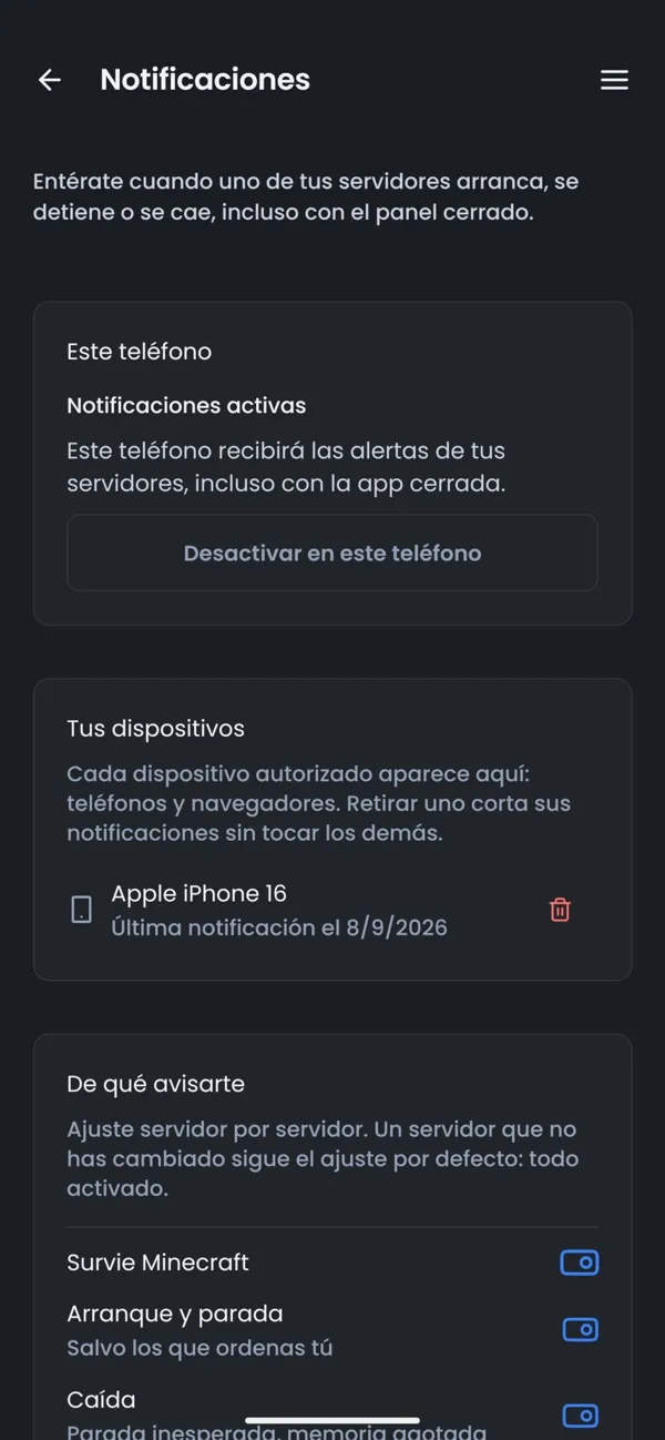 Captura de pantalla de la aplicación OuiPanel, Notificaciones