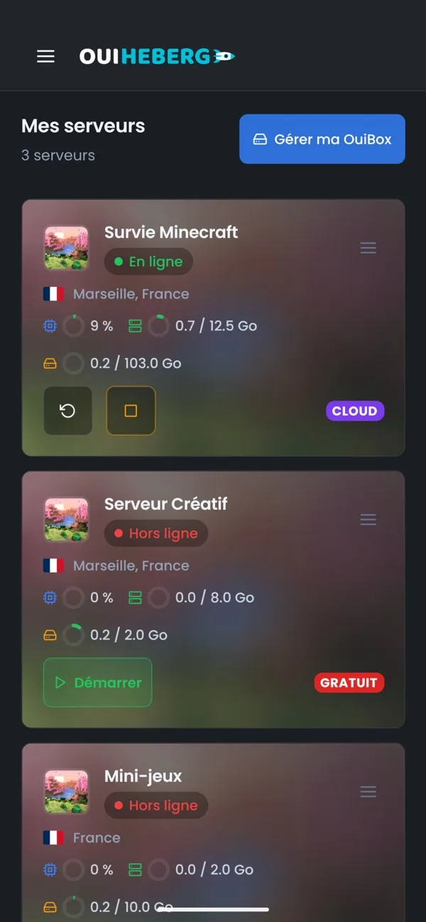 Capture d'écran de l'application OuiPanel, Tous vos serveurs