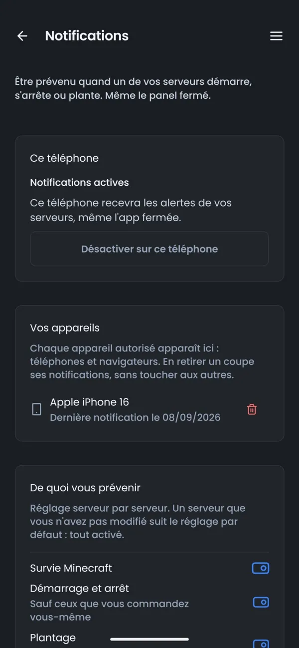 Capture d'écran de l'application OuiPanel, Notifications