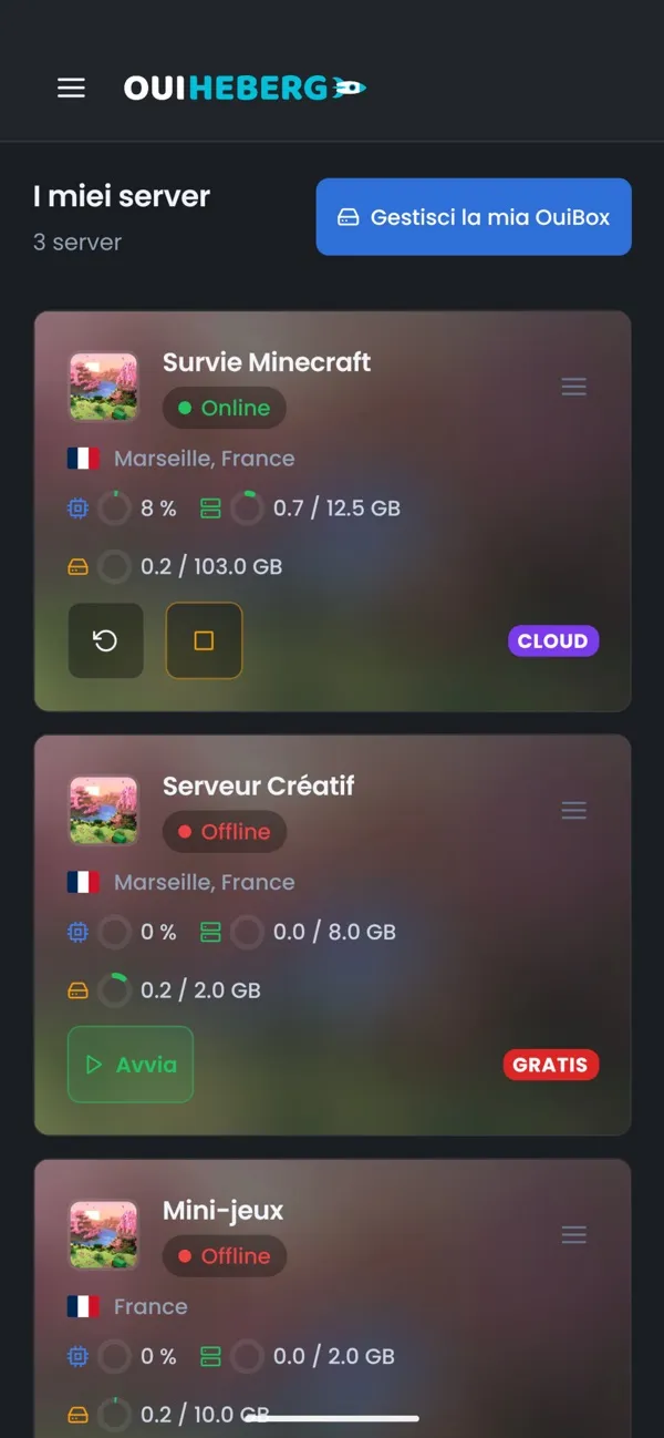 Schermata dell'app OuiPanel, Tutti i tuoi server