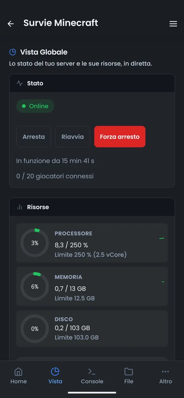 Schermata dell'app OuiPanel, Stato e risorse