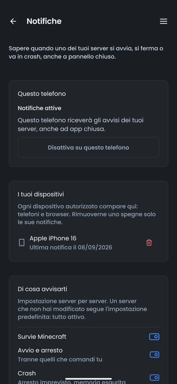 Schermata dell'app OuiPanel, Notifiche