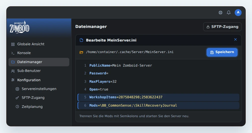 Dateimanager von OuiPanel mit geöffneter MeinServer.ini in .cache/Server, mit PublicName, Password, MaxPlayers, Open und den Zeilen WorkshopItems und Mods mit zwei Mods aus dem Steam Workshop