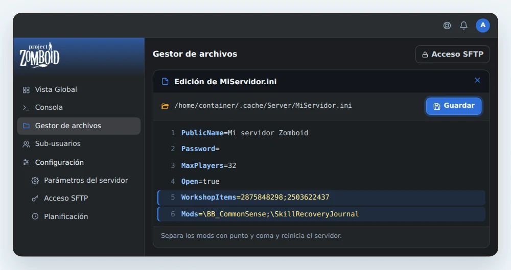 Gestor de archivos de OuiPanel con MiServidor.ini abierto en .cache/Server, con PublicName, Password, MaxPlayers, Open y las líneas WorkshopItems y Mods rellenadas con dos mods del Steam Workshop