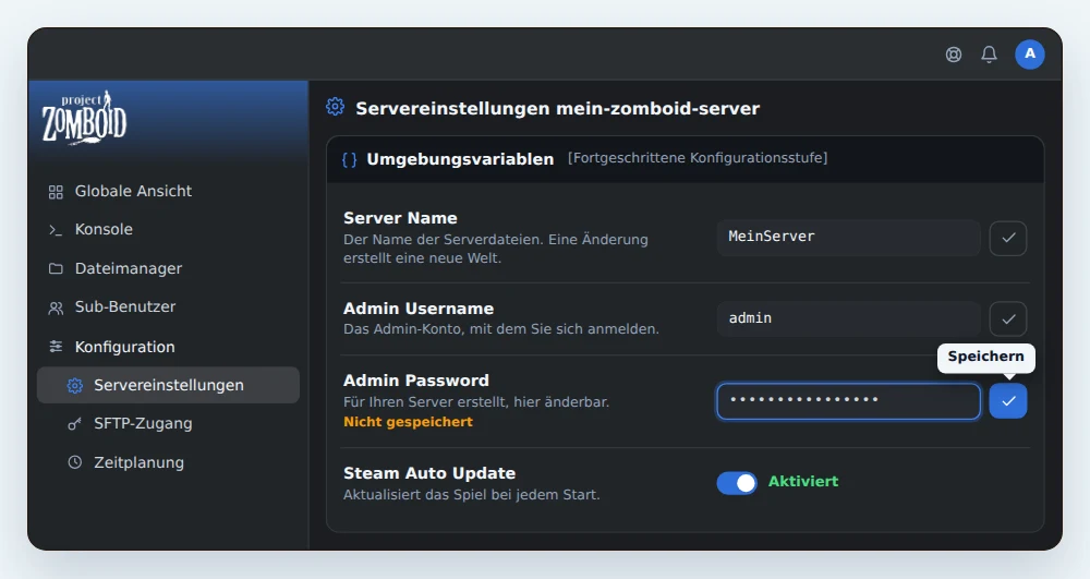 Karte Umgebungsvariablen eines Project Zomboid Servers in OuiPanel, mit Server Name MeinServer, Admin Username admin, einem neuen verdeckten Admin-Passwort vor dem Speichern und aktiviertem Steam Auto Update
