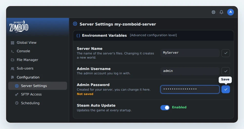 Environment Variables card of a Project Zomboid server in OuiPanel, with Server Name set to MyServer, Admin Username set to admin, a new hidden admin password ready to save and Steam Auto Update enabled