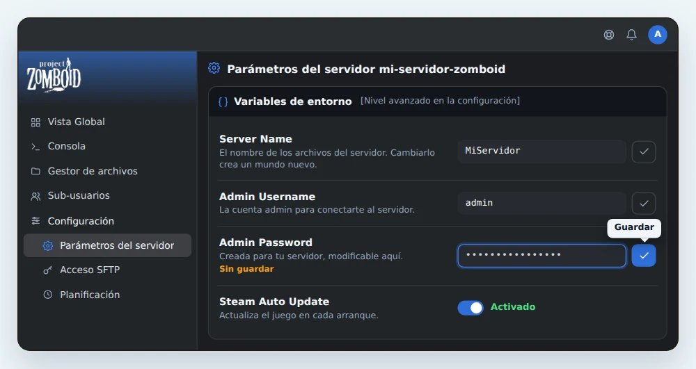 Tarjeta Variables de entorno de un servidor Project Zomboid en OuiPanel, con Server Name en MiServidor, Admin Username en admin, una nueva contraseña admin oculta lista para guardar y Steam Auto Update activado