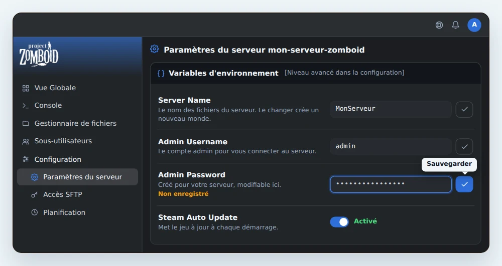 Carte Variables d'environnement d'un serveur Project Zomboid dans OuiPanel, avec Server Name sur MonServeur, Admin Username sur admin, un nouveau mot de passe admin masqué prêt à être enregistré et Steam Auto Update activé