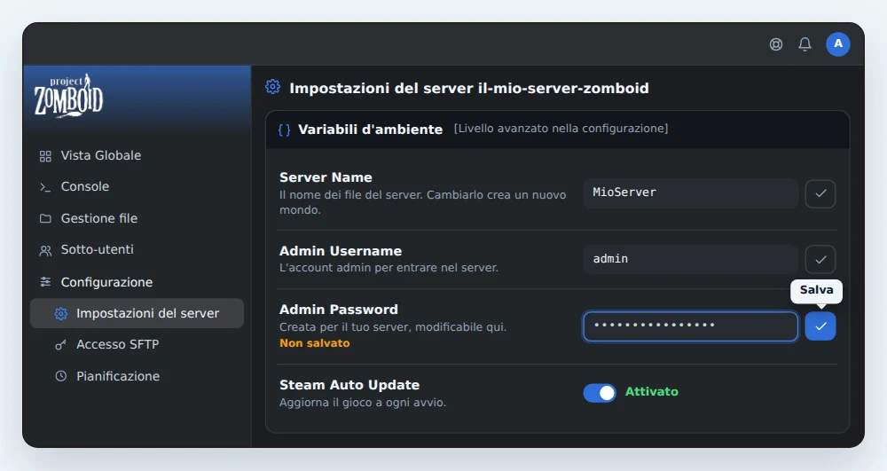 Scheda Variabili d'ambiente di un server Project Zomboid in OuiPanel, con Server Name su MioServer, Admin Username su admin, una nuova password admin nascosta pronta da salvare e Steam Auto Update attivo