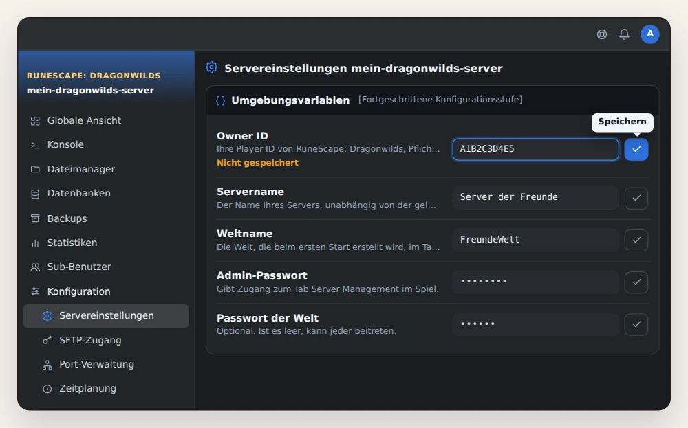 Karte Umgebungsvariablen eines RuneScape: Dragonwilds Servers in OuiPanel, mit eingefügter Owner ID und der Schaltfläche Speichern