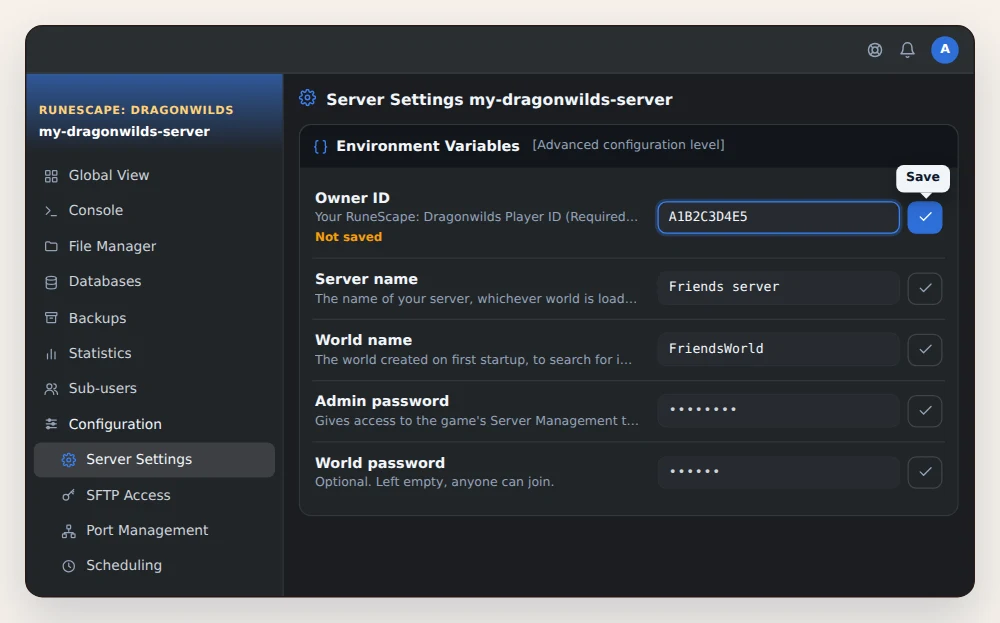 Environment Variables card of a RuneScape: Dragonwilds server in OuiPanel, with the Owner ID pasted and the Save button