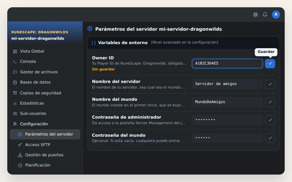 Tarjeta Variables de entorno de un servidor RuneScape: Dragonwilds en OuiPanel, con el Owner ID pegado y el botón Guardar