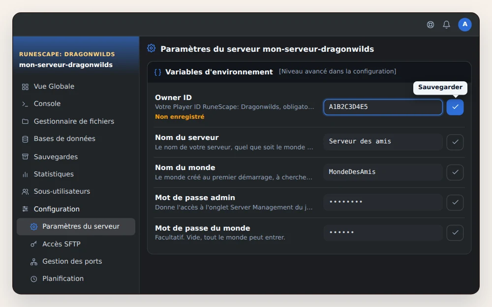 Carte Variables d'environnement d'un serveur RuneScape: Dragonwilds dans OuiPanel, avec l'Owner ID collé et le bouton Sauvegarder
