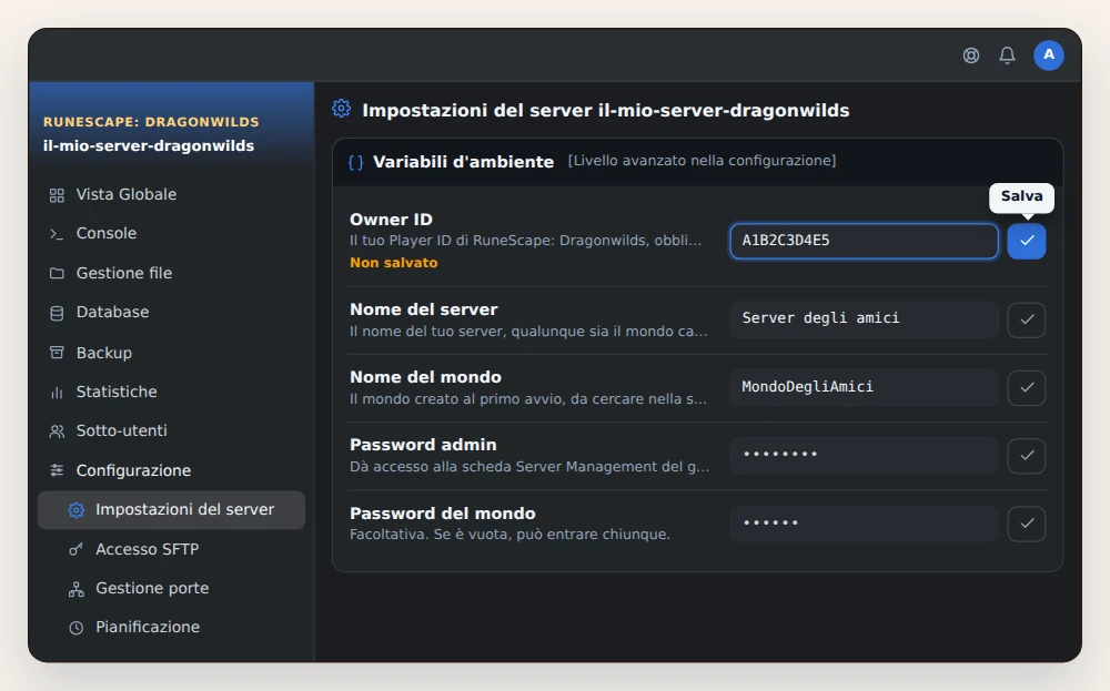 Scheda Variabili d'ambiente di un server RuneScape: Dragonwilds in OuiPanel, con l'Owner ID incollato e il pulsante Salva