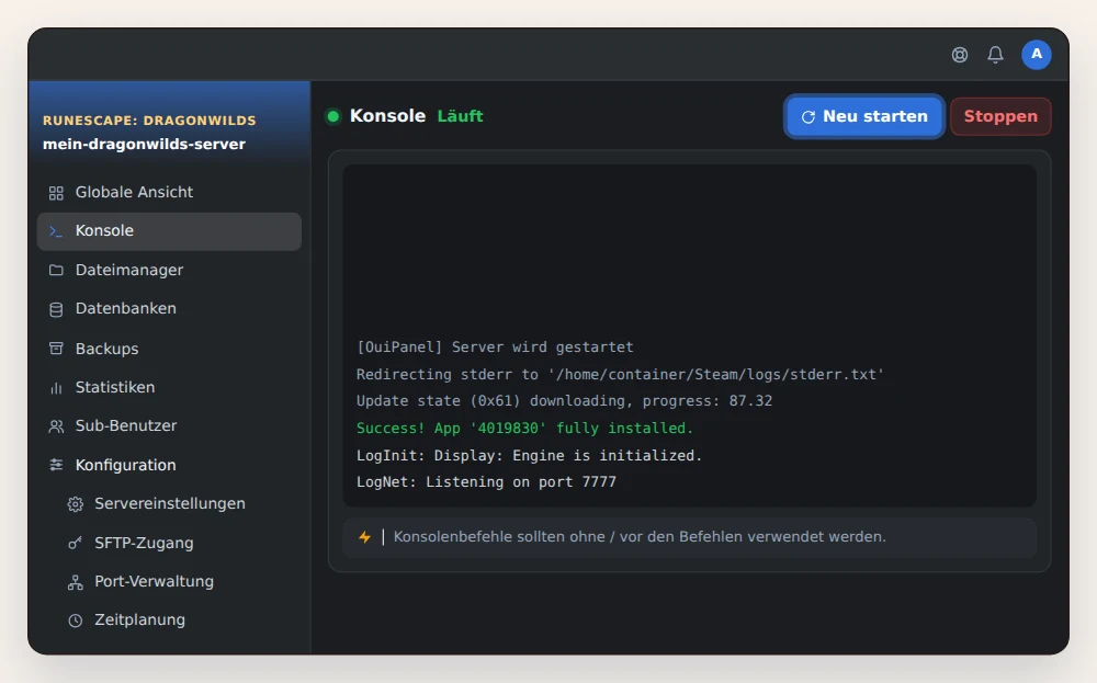 Konsole von OuiPanel eines RuneScape: Dragonwilds Servers während des Updates beim Start, mit hervorgehobener Schaltfläche Neu starten