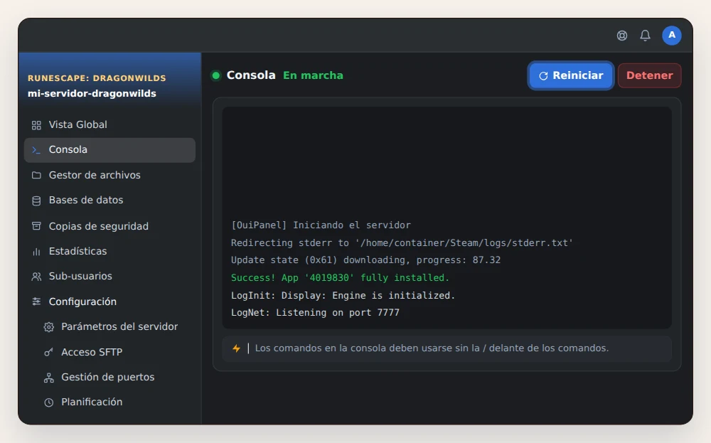 Consola de OuiPanel de un servidor RuneScape: Dragonwilds durante la actualización al arrancar, con el botón Reiniciar resaltado