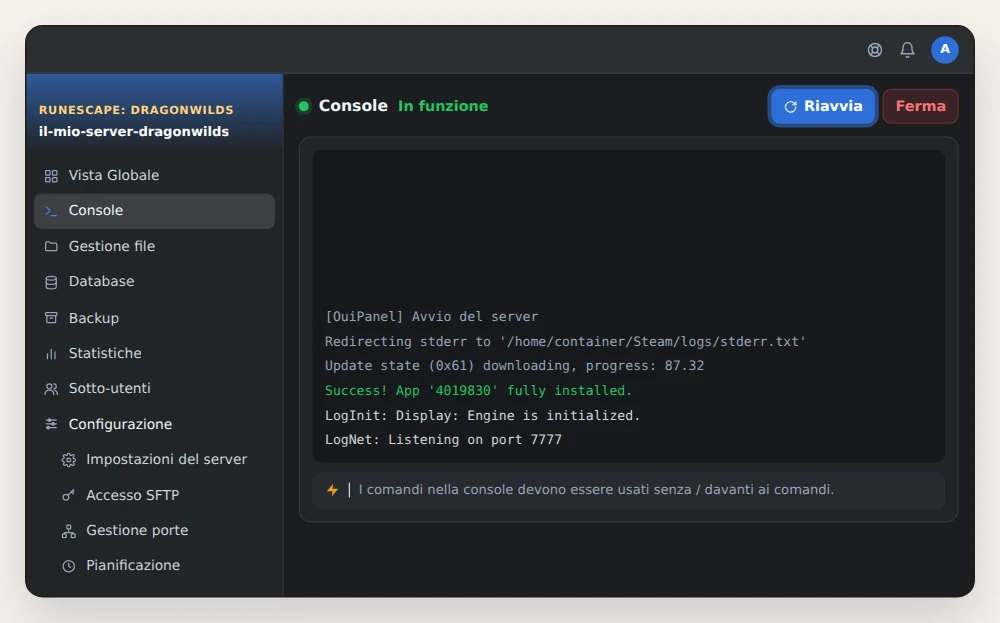 Console di OuiPanel di un server RuneScape: Dragonwilds durante l'aggiornamento all'avvio, con il pulsante Riavvia evidenziato