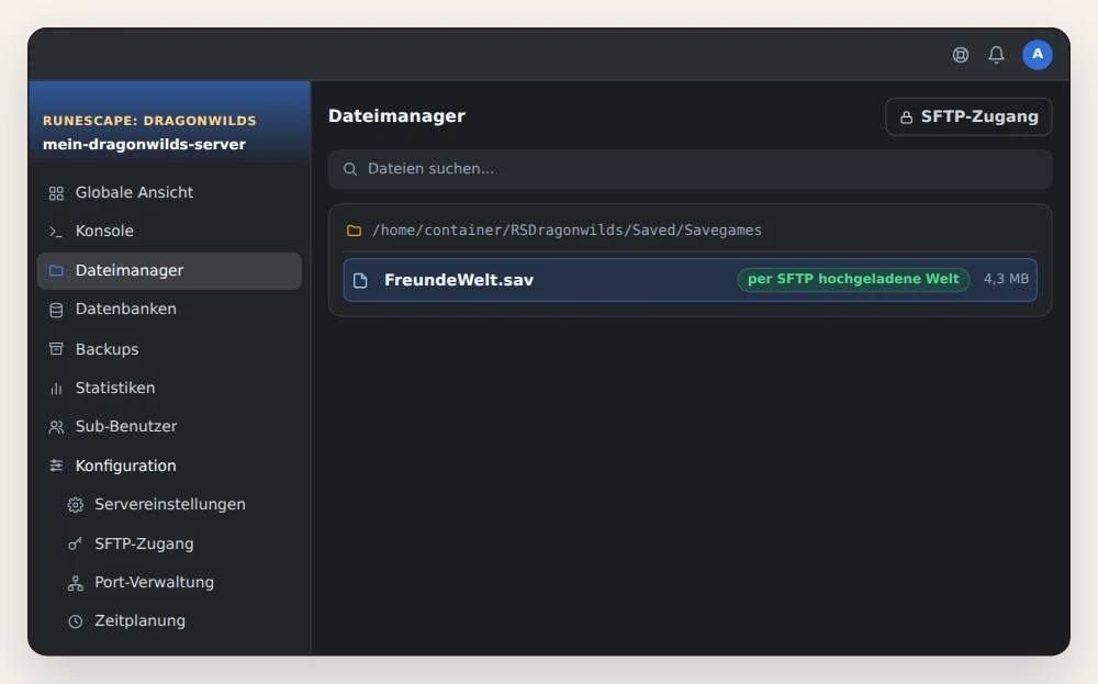 Dateimanager von OuiPanel mit geöffnetem Ordner RSDragonwilds/Saved/Savegames und der per SFTP hochgeladenen .sav-Datei der Welt