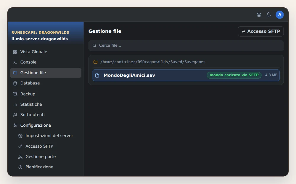 Gestione file di OuiPanel aperta sulla cartella RSDragonwilds/Saved/Savegames, con il file .sav del mondo inviato via SFTP