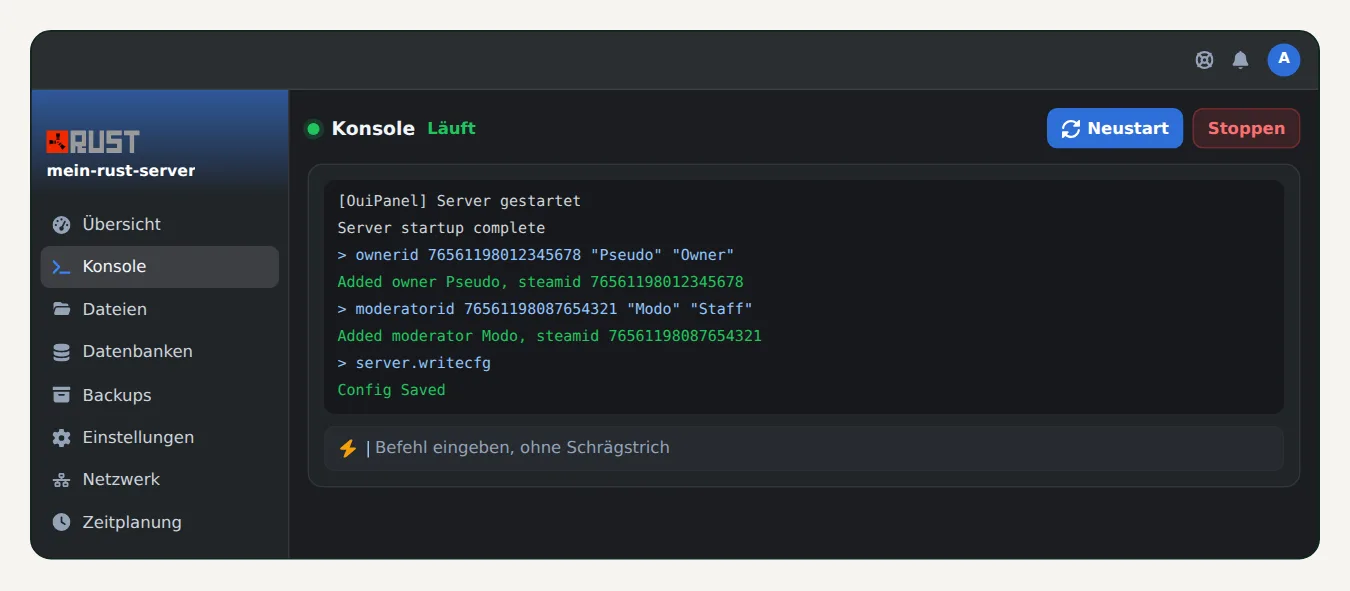 OuiPanel-Konsole eines Rust Servers mit den Befehlen ownerid, moderatorid und server.writecfg