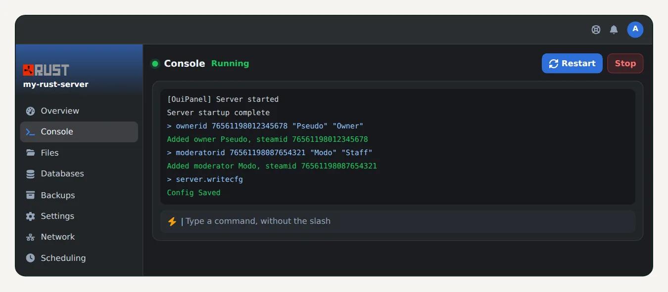 OuiPanel console of a Rust server with the ownerid, moderatorid and server.writecfg commands