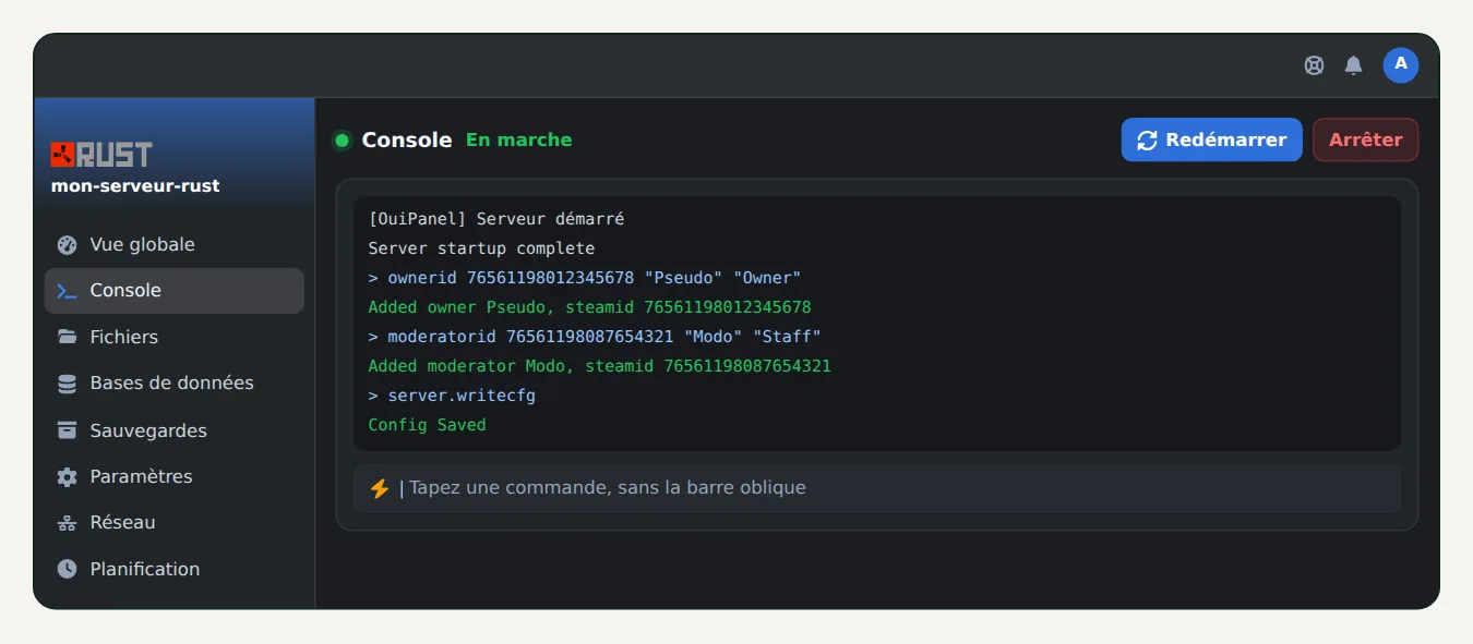 Console d'OuiPanel d'un serveur Rust avec les commandes ownerid, moderatorid et server.writecfg