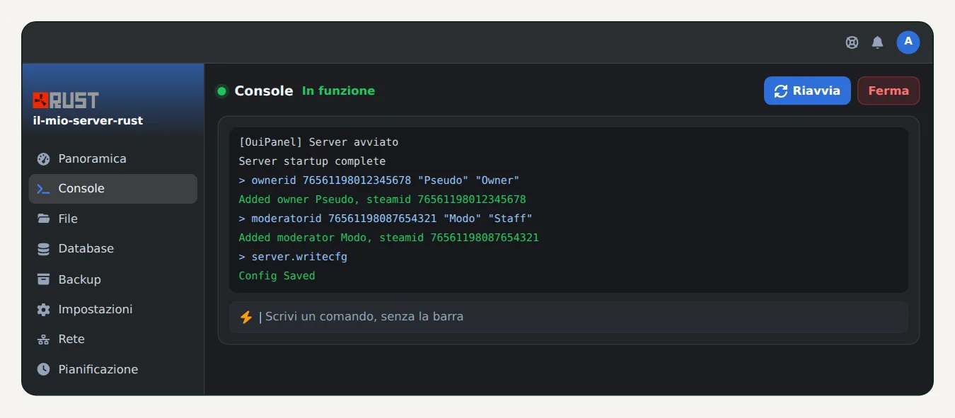 Console di OuiPanel di un server Rust con i comandi ownerid, moderatorid e server.writecfg