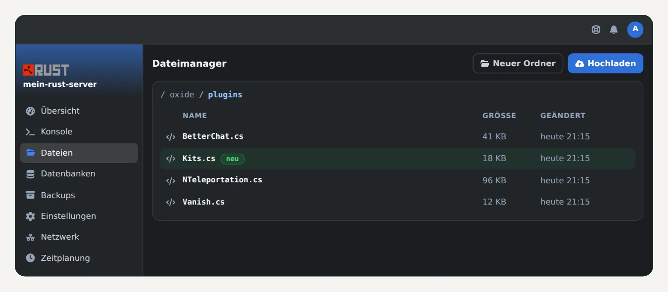 Dateimanager von OuiPanel im Ordner oxide/plugins eines Rust Servers