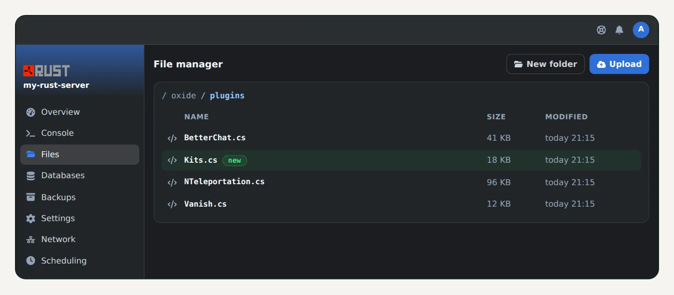 OuiPanel file manager open on the oxide/plugins folder of a Rust server
