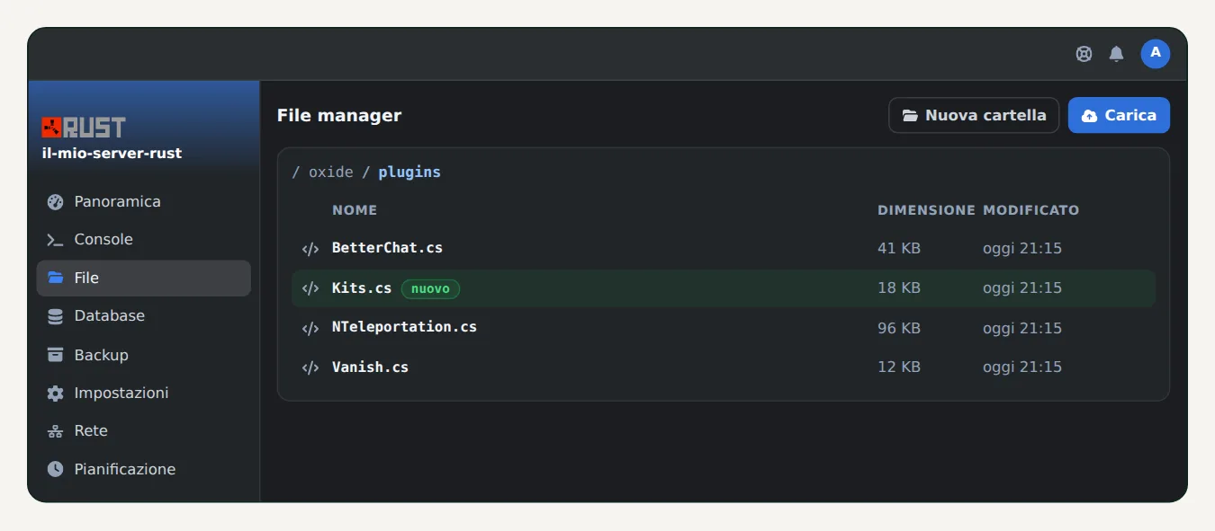 Gestione file di OuiPanel aperta sulla cartella oxide/plugins di un server Rust