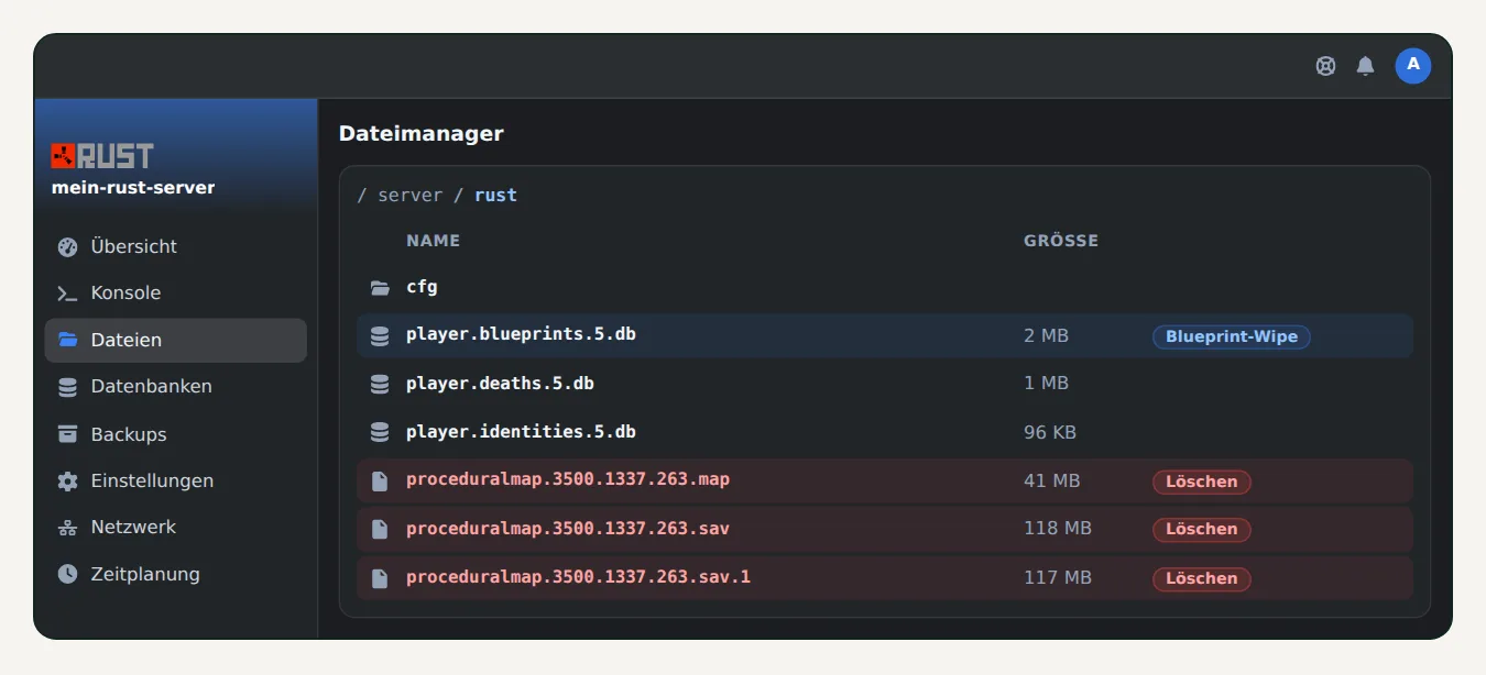 Dateimanager von OuiPanel in server/rust mit den zu löschenden Map-Dateien und der Blueprint-Datenbank