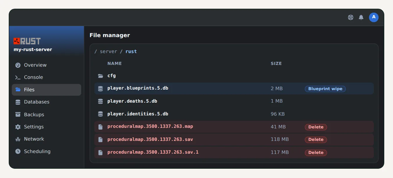 OuiPanel file manager in server/rust, with the map files to delete and the blueprint database