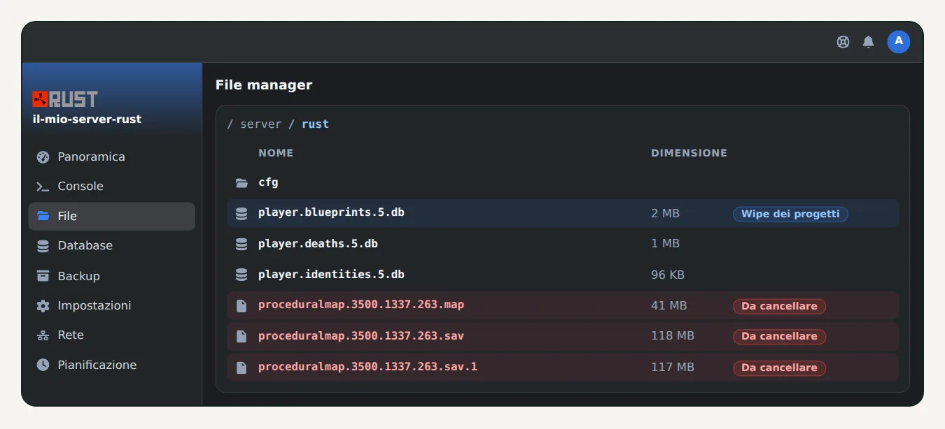 Gestione file di OuiPanel in server/rust, con i file della mappa da cancellare e il database dei progetti
